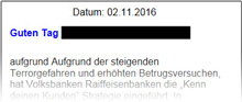 Phishing-Warnung Mitteilung Volksbank Konto Phishing-Warnung Mitteilung Volksbank Konto